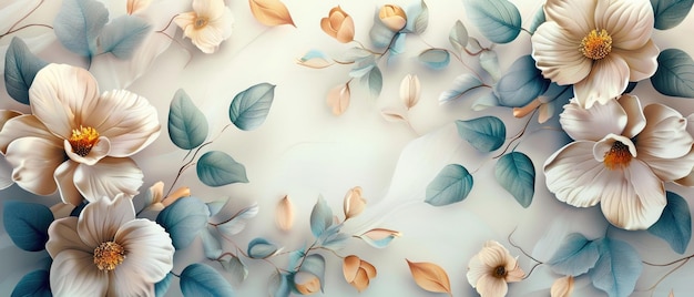 Photo delicate pattern of pastel flowers and goldgreen leaves on white