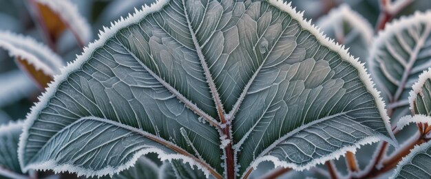 Photo delicate patterns of frost crystallizing on a winter leaf