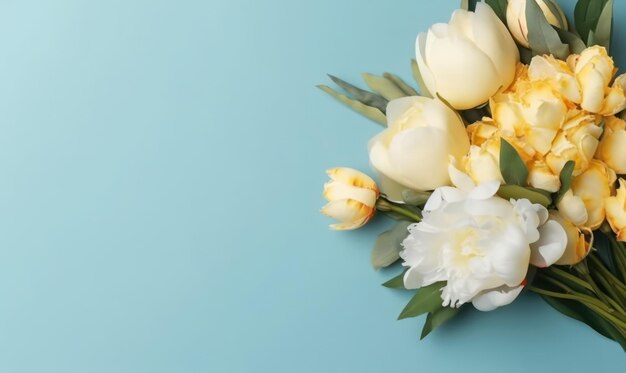 Delicate peonies on an pastel blue background A bouquet of flowers Floral arrangement with empty copyspace Mother's Day concept AI Generative