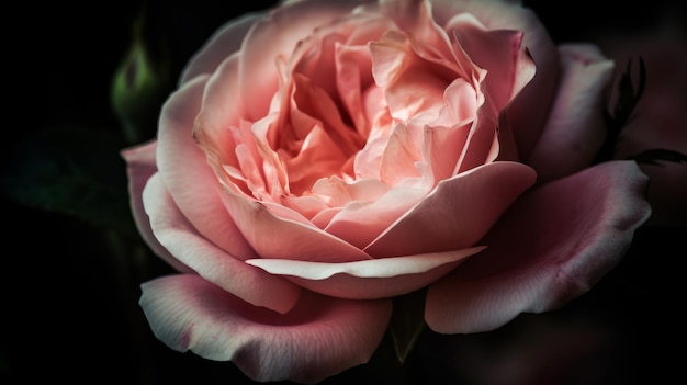 Нежные лепестки розовой розы в полном расцвете, созданные искусственным интеллектом