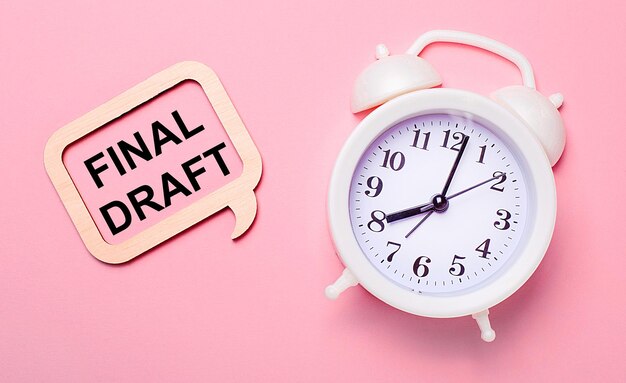 On a delicate pink background a white alarm clock and a wooden frame with the text FINAL DRAFT