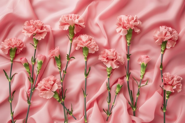 Delicate Pink Carnations on Soft Crinkled Fabric