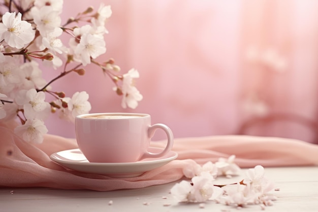 Delicate pink cup with blossom holds coffee Muted tones Generative AI