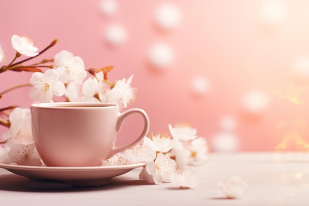 Delicate pink cup with blossom holds coffee Muted tones Generative AI