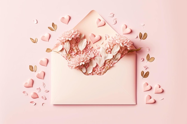 Delicate pink envelope with flower petals declaration of love Valentine Day