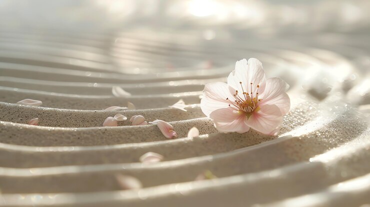 Photo 柔らかいピンクの花が滑らかな白い表面に寄りかかって静かで静かな景色を作り出します