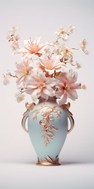 Photo delicate pink flowers in a 3d blue vase a neoclassical and photorealistic design