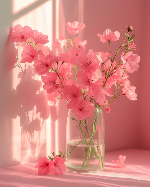 Delicate pink flowers in a glass vase near window in natural light