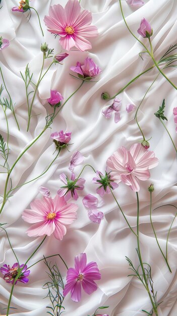 柔らかいピンクの花が 流れる白いシルクに優雅に並びます