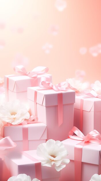 Foto delicate scatole regalo rosa con fiori bianchi composizione morbida e romantica celebrazioni biglietto di auguri