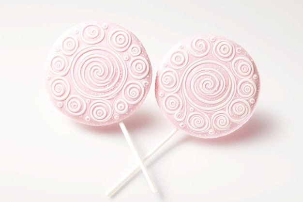 Delicate pink handmade lollipops with swirls on white background