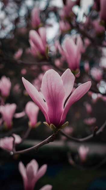 細かいピンクのマグノリアの花が 枝に近づいて撮影された 垂直のモバイル壁紙