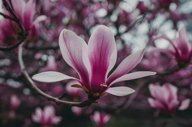 細かいピンクのマグノリアの花が枝に近づいて撮影された