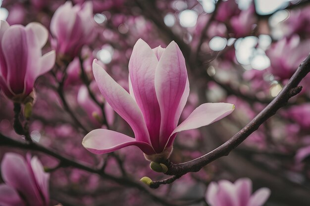 細かいピンクのマグノリアの花が枝に近づいて撮影された