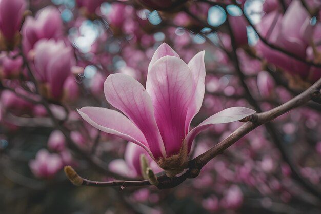 細かいピンクのマグノリアの花が枝に近づいて撮影された