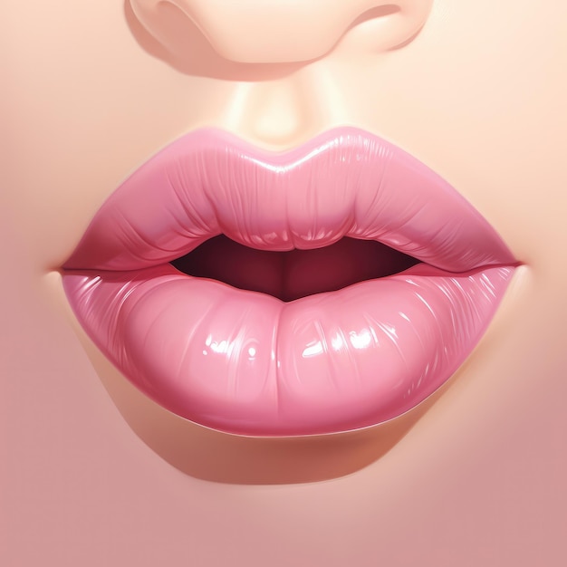 Delicate pink plump female lips Realistic lips with white teeth closeup Copy space space for text