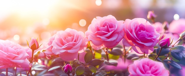 보케가 있는 태양의 넓고 긴 배경 형태의 섬세한 분홍색 보라색 장미