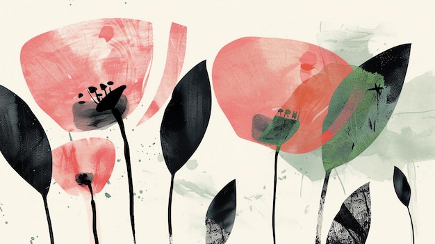 Photo delicate pink and red poppies with black leaves abstract floral background watercolor and ink