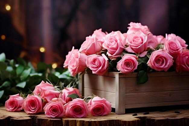 Photo delicate pink roses in an antique wooden box congratulations on valentines day