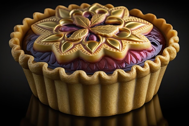Delicate plum mini pie with decorated edge and golden crust