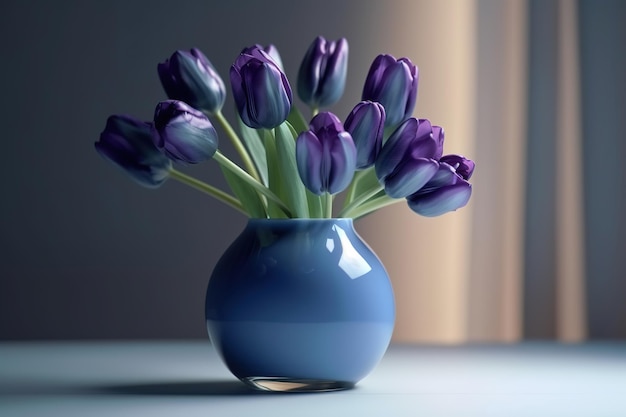 Delicate purple tulips in vase on table Generative AI