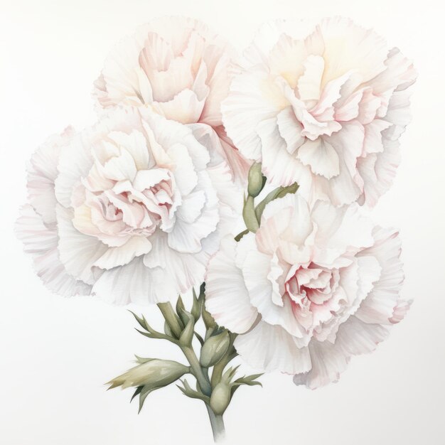 Photo delicate realism watercolor carnations on white background