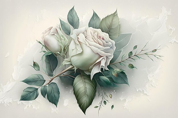 Delicate romantic bouquet of white frozen rose with green leaves on light background created with ge