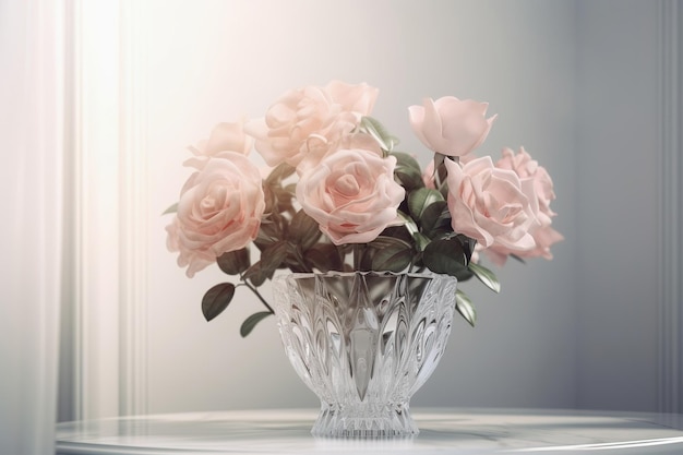 Delicate roses bouquet in vase window light airy background Generative AI