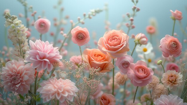 Delicate roses and daisies in a soft pastel floral arrangement