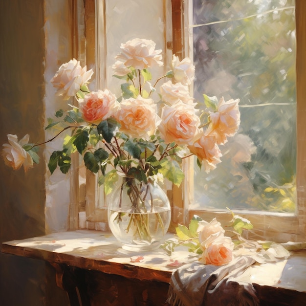Нежные розы в вазе у окна
