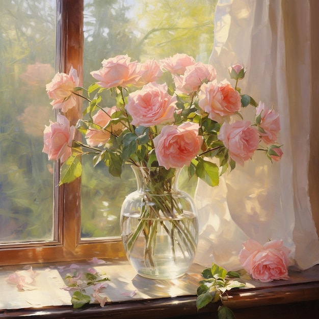 Delicate roses in vase by the window