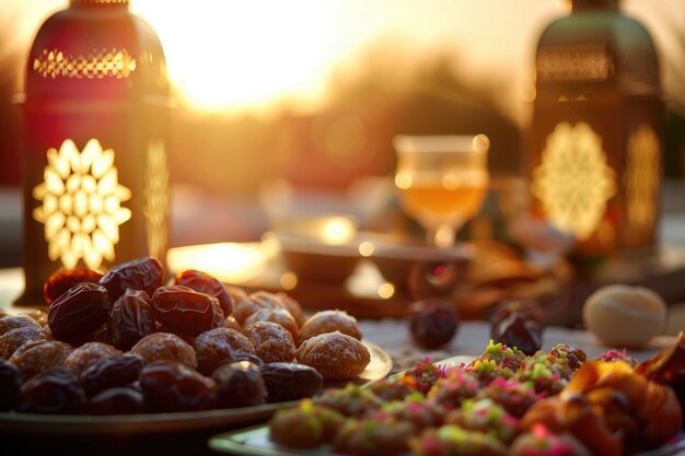 Delicate snoepjes en dadels klaar voor de iftar in het licht van de zonsondergang