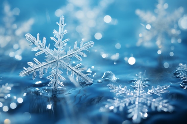 写真 氷のような青いキャンバスの上で繊細な雪の結晶が旋回して、冬の魅惑を形作ります。
