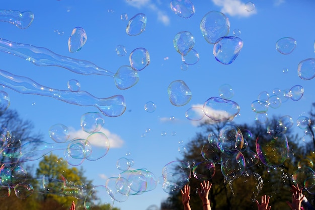 Delicate soap bubbles and kids hands in the park