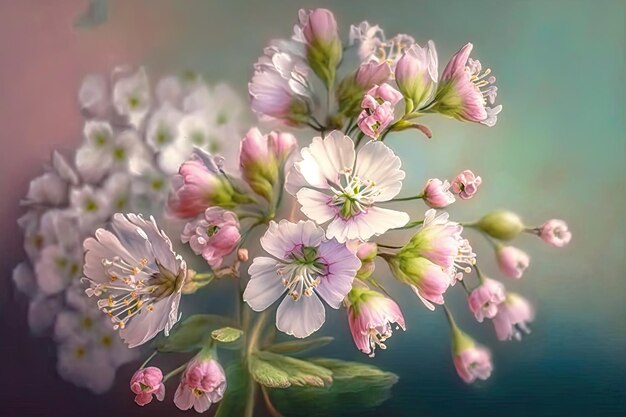Delicate spring bouquet of light pastel pink flowers on blurred background created with generative a