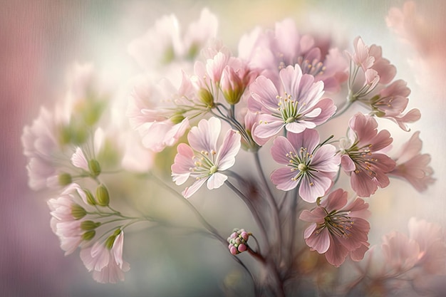 ジェネレーティブで作成された背景をぼかした写真に淡いパステル ピンクの花の繊細な春の花束