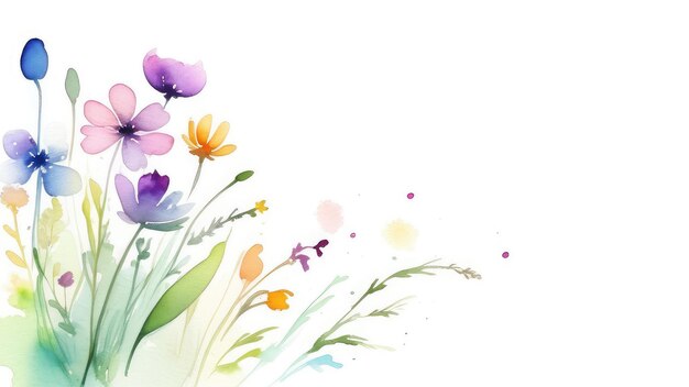 Photo delicate spring field watercolor flowers on a white background copy space