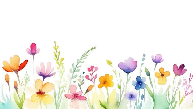 delicate spring field watercolor flowers on a white background copy space