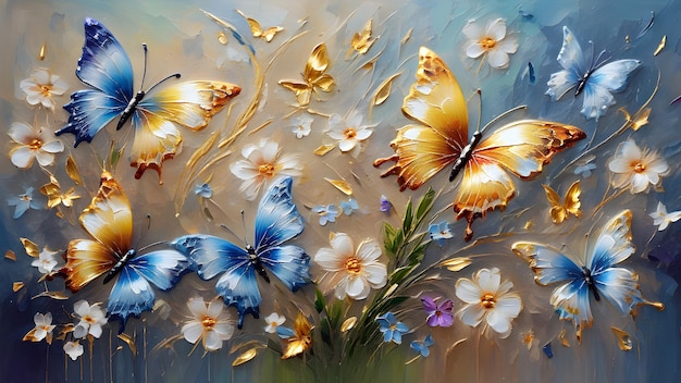 delicate spring flowers and light blue butterflies with a golden tint