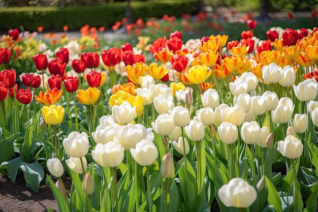 Delicate spring tulips blooming in formal garden