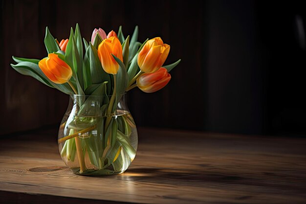 木のテーブルの上のガラスの花瓶に繊細な春のチューリップ