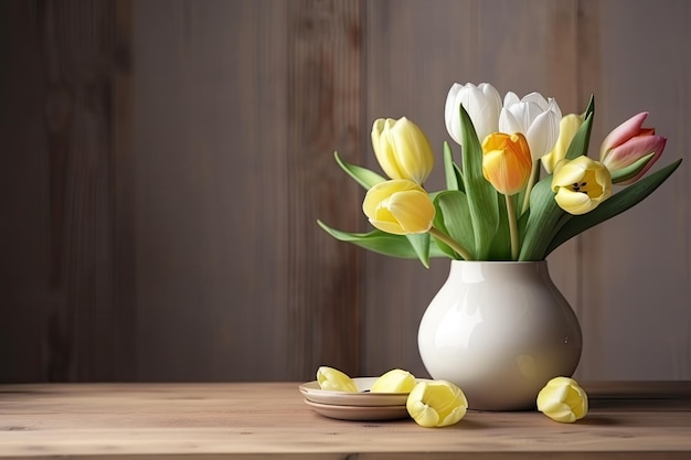 Delicate spring tulips in vase on wooden table