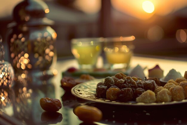 Foto dolci delicati e datteri pronti per l'iftar bagnati nella luce del tramonto