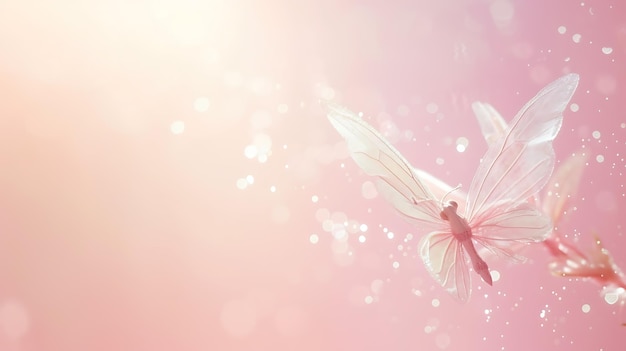 Photo a delicate tiny fairy with intricately designed wings in vibrant pastel pink set against a soft dreamy background