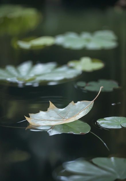 静かな池に浮かぶ繊細な半透明の葉