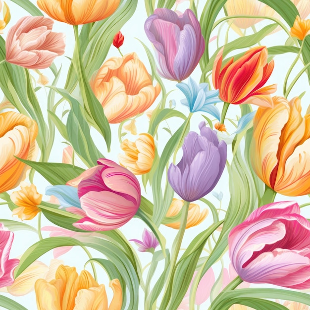 Delicate tulip blooms with swirling leaf elements seamless pattern AI Generated