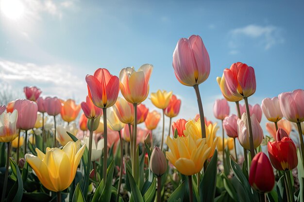 Delicate tulips in a mix of spring colors against a light blue sky