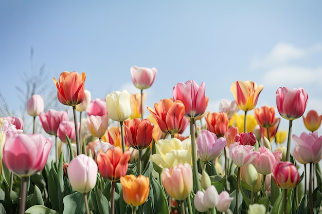 Delicate tulips in a mix of spring colors against a light blue sky