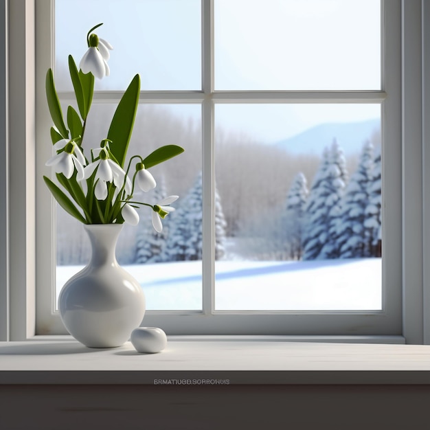 A delicate vase adorns a tall white window