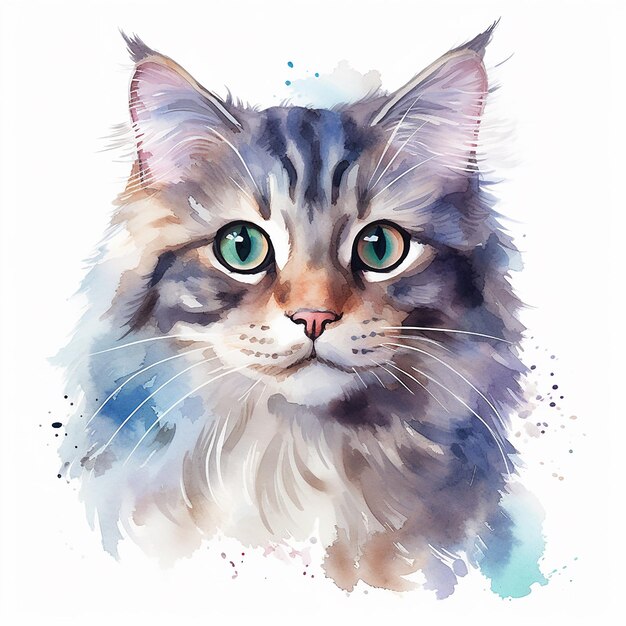 Delicate watercolor cat art with a white backdrop